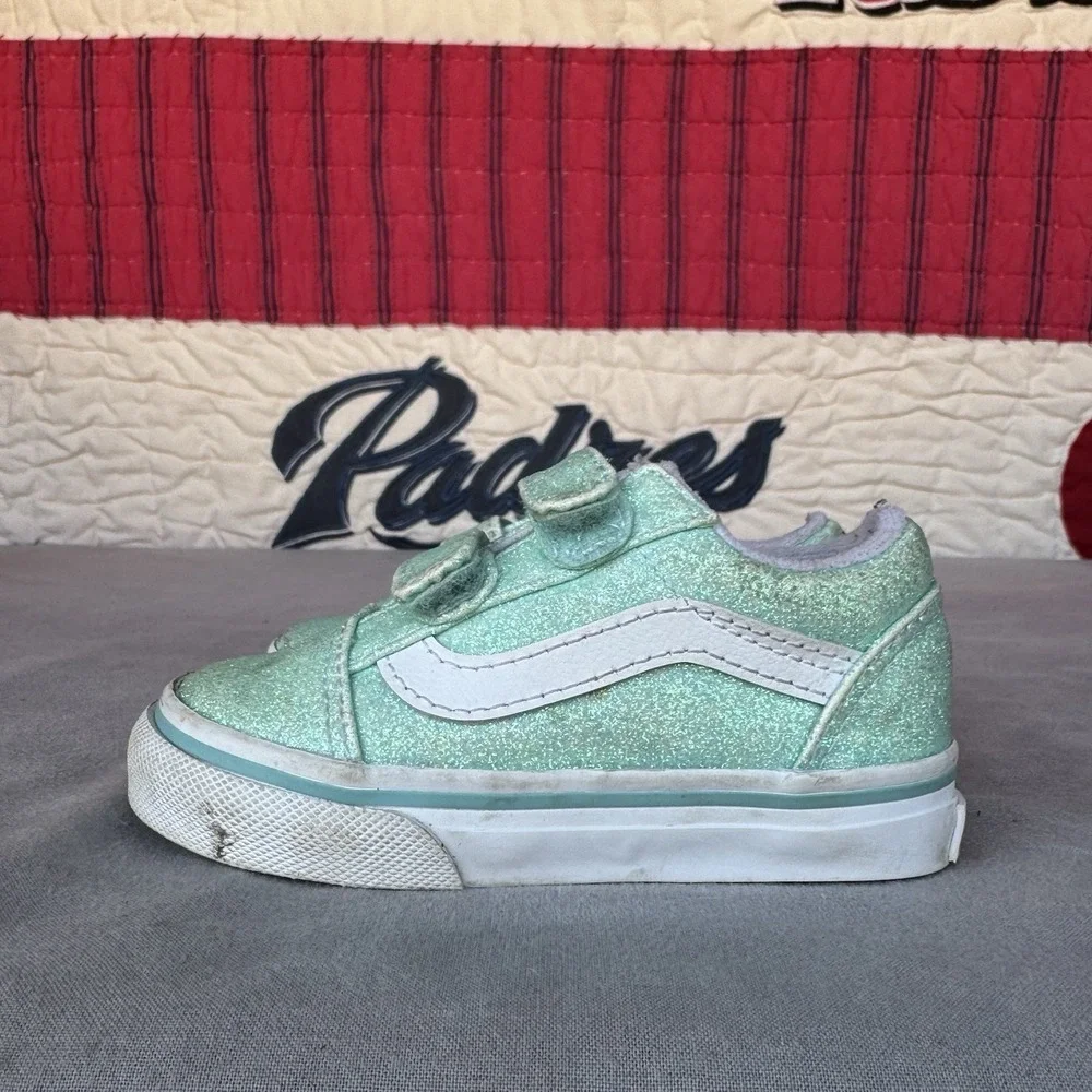 Size 5c - Vans Old Skool Glitter Shoes Kids Mint White Low Top Sneakers